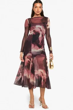 Dresses^Nasty Gal Slash Neck Floral Mesh Print Godet Hem Midaxi Dress |