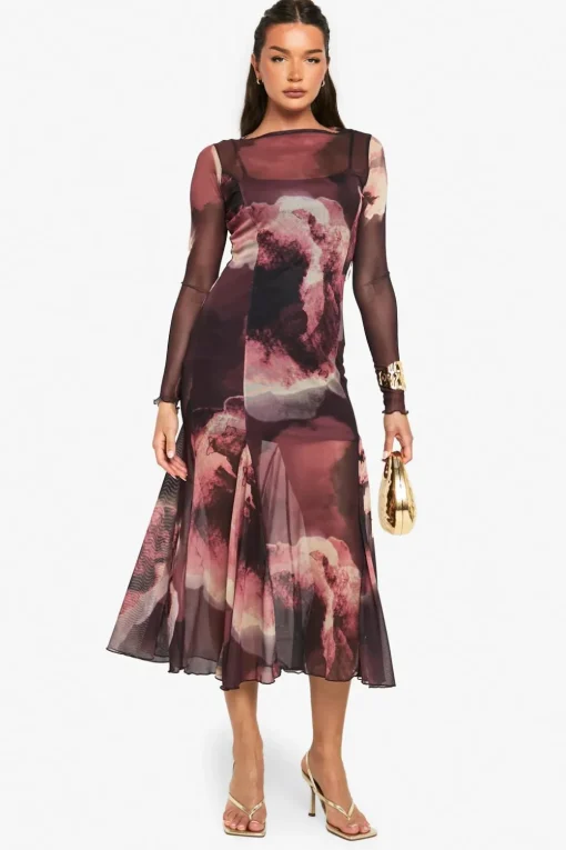 Dresses^Nasty Gal Slash Neck Floral Mesh Print Godet Hem Midaxi Dress |