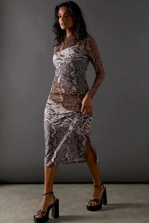 Animal Print|Midi Dresses^Nasty Gal Snake Panelled Print Mesh Midi Dress |
