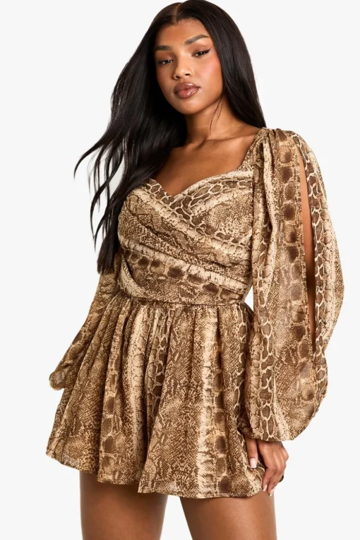 Animal Print|Rompers^Nasty Gal Snake Print Split Sleeve Playsuit |
