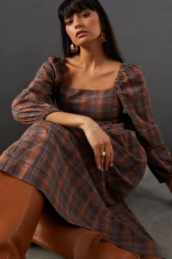 Dresses^Nasty Gal Square Neck Volume Sleeve Check Midi Dress |