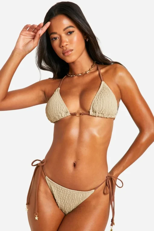Bikinis|Swimwear^Nasty Gal Starfish Trim Textured Triangle Bikini Top & Tie Side Bikini Bottoms Set |