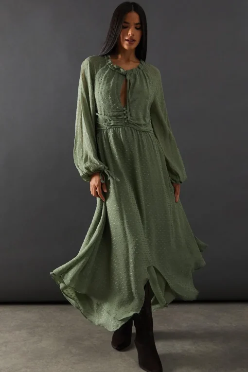 Midi Dresses|Dresses^Nasty Gal Tufted Dobby Chiffon Button Front Tie Neck Hanky Hem Midi |