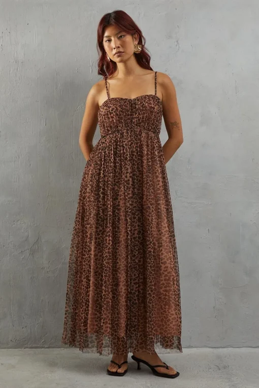 Animal Print|Dresses^Nasty Gal Tulle Animal Print Strappy Bandeau Maxi Dress |