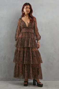 Animal Print|Dresses^Nasty Gal Tulle Leopard Print Plunge Neck Long Sleeve Tier Maxi Dress |
