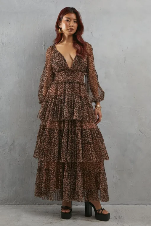 Animal Print|Dresses^Nasty Gal Tulle Leopard Print Plunge Neck Long Sleeve Tier Maxi Dress |