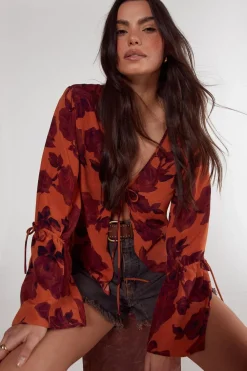 Tops^Nasty Gal Vintage Floral Tie Detail Fluted Sleeve Top |