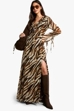 Animal Print|Dresses^Nasty Gal Zebra Ruffle Tie Sleeve Belted Chiffon Maxi Dress |
