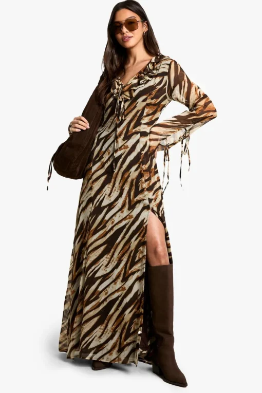 Animal Print|Dresses^Nasty Gal Zebra Ruffle Tie Sleeve Belted Chiffon Maxi Dress |