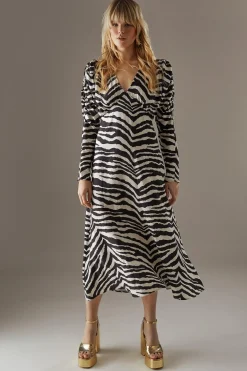 Animal Print|Midi Dresses^Nasty Gal Zebra Viscose V Neck Long Puff Sleeve Midi Dress |